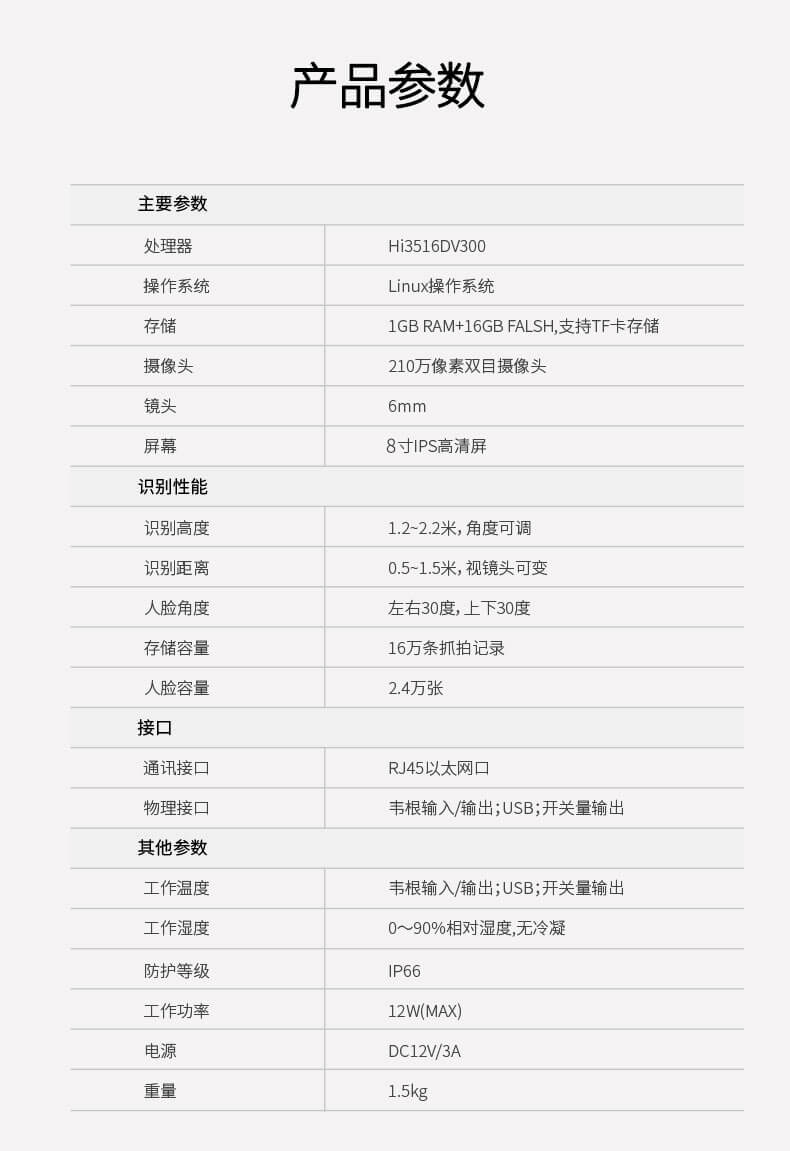 人脸识别机参数